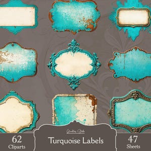 Shabby Labels, PNG cliparts and 47 sheets, Turquoise, Victorian frames, tags and notes, Perfect for junk journals, digital download
