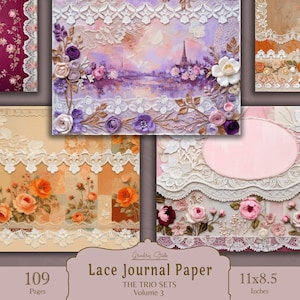 Digitale Spitzenpapiere im Vintage Stil, Shabby Chic Rosa, Lila, Orange, Junk Journal Kit, druckbare Ephemera Collage Sheets für Scrapbooking