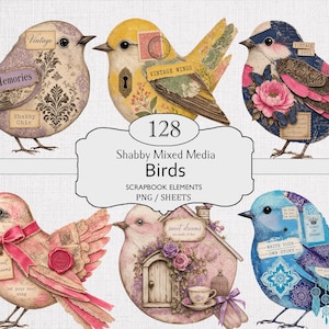 May include: A collection of 128 digital scrapbook elements featuring mixed media birds. The designs include various birds decorated with floral patterns, vintage stamps, text labels like 'Vintage' and 'Memories', ribbons, and small architectural details.