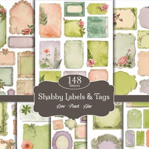 May include: A collection of 148 shabby labels and tags in lime, peach, and lilac. The labels and tags have a vintage aesthetic with floral and botanical designs. The labels are in various shapes and sizes, with a distressed paper effect.