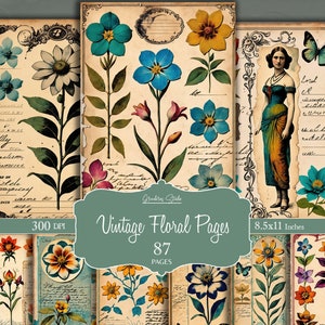 Pagine di diario floreale vintage, carta floreale antica, kit diario spazzatura, documenti di base, pagine squallide stampabili, foglio collage, carta scrapbook