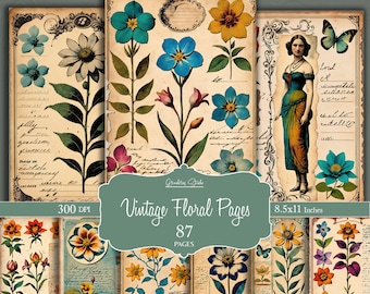 Vintage floral Journal Pages, Antique Floral Paper, Junk Journal Kit, Basic Papers, Printable Shabby Pages,  Collage sheet, Scrapbook Paper