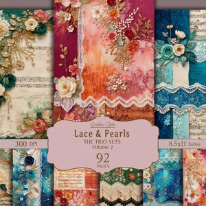 Vintage Lace Digital Paper, Pearls and Flowers, Lace Scrapbook Kit, Antique Journal Pages, Victorian Lace Collage Sheets, Digital Download