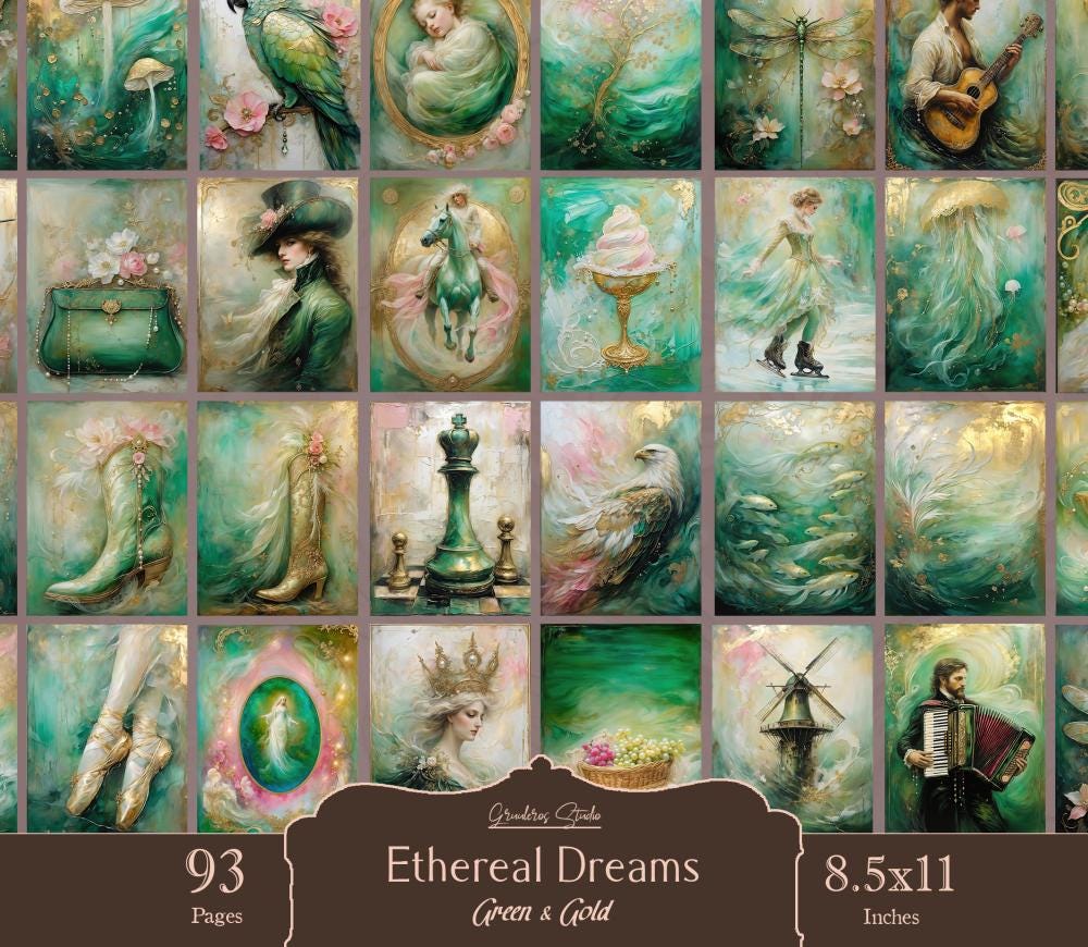 Mixed Media Junk Journal, Green Paper, Dreamy, Ethereal, Digital ...
