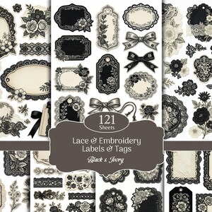 May include: A collection of 121 sheets of black and ivory lace and embroidery labels and tags featuring intricate floral patterns, rose illustrations, decorative borders, and bows. The set includes various shapes of tags and rectangular labels.