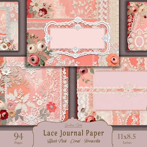 Papeles de diario de encaje rosa, encaje shabby chic imprimible, creación de tarjetas de boda, scrapbooking, diario vintage floral, hojas de encaje digitales