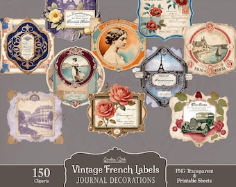 French Ephemera Labels, Digital Collage Sheet Download, Digital Paper, Instant Download Printables, French Journal labels, Paris Printable