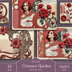 junkjournal【antique Red】 Gothic Red Lace Junk Journal Pages, Digital Scrapbook Paper
