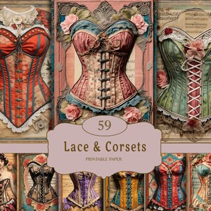 Junk Journal, Vintage Lace Ephemera, Collage Sheets, Printable corsets, victorian style, Scrapbooking, corsets,  digital junk journal kit