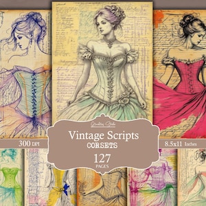 Carta da giornale Corset Junk, moda vintage, schizzi stampabili, calligrafia antica, carta digitale in stile manoscritto, download immediato