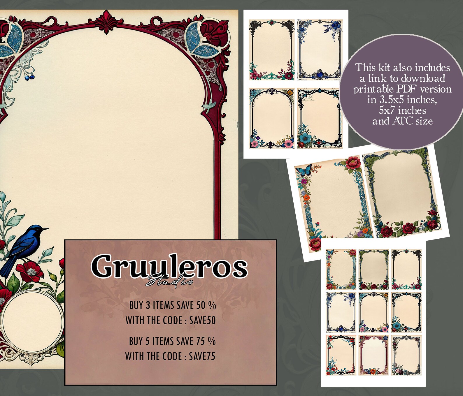 Art Nouveau Printable Papers, Frame Journal Pages, Ornamental Border ...