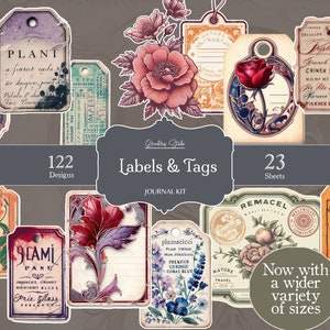 Vintage labels Tags Digital Junk Journal Kit, printables, Art Journal, kortstondige kunst, scrapbooking, digitale download, mixed media, versieringen