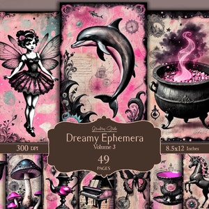 Zestaw dziennika Pink Black Fantasy Goth Romance Junk, pakiet ephemera, cyfrowe papiery do scrapbookingu, strony dziennika Witch Junk, grimoire Ephemera