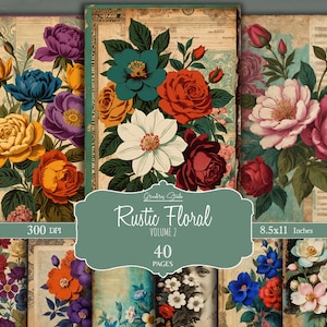 Rustikales florales digitales Papier, druckbarer rustikaler floraler Hintergrund, Decoupage-Papier, Dekorpapier, Junk-Journal, Scrapbook-Papier
