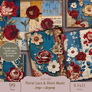 Pagine stampabili del diario di pizzo floreale, indaco, bordeaux, fogli di collage di pizzo digitale, blu navy, kit di diario floreale, carte di diario stampabili