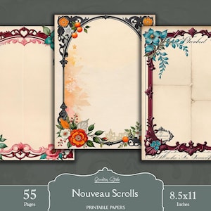 Art Nouveau Printable Papers, Frame Journal pages, Ornamental Border, Paper Journal Kit, Scrapbooking pages, floral border, filigree border