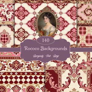 May include: A collection of Rococo-style digital backgrounds in burgundy, pink, and beige. The image includes various patterns, such as floral designs, geometric shapes, and a portrait within an ornate frame. The text on the image reads "140 Rococo Backgrounds".