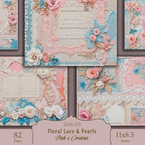 Preciosos papeles de diario con encaje, páginas de álbum de recortes vintage en tonos pastel, kit de efímeras florales, hojas de collage de color rosa y azul, descarga digital instantánea