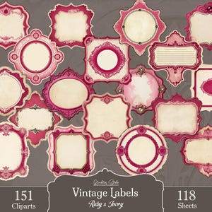 Blank Vintage Labels PNG and PDF, Apothecary Frames, Junk Journal, Digital Collage Sheets, Victorian Labels, Red White Tags, Commercial Use