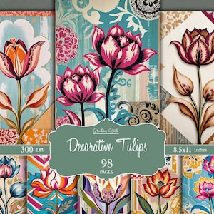 Afdrukbare pagina's voor junkjournal-tulpen met decoratieve texturen, junkjournals voor de lente, scrapbooking, knutselen met bloemenpapier, digitale download