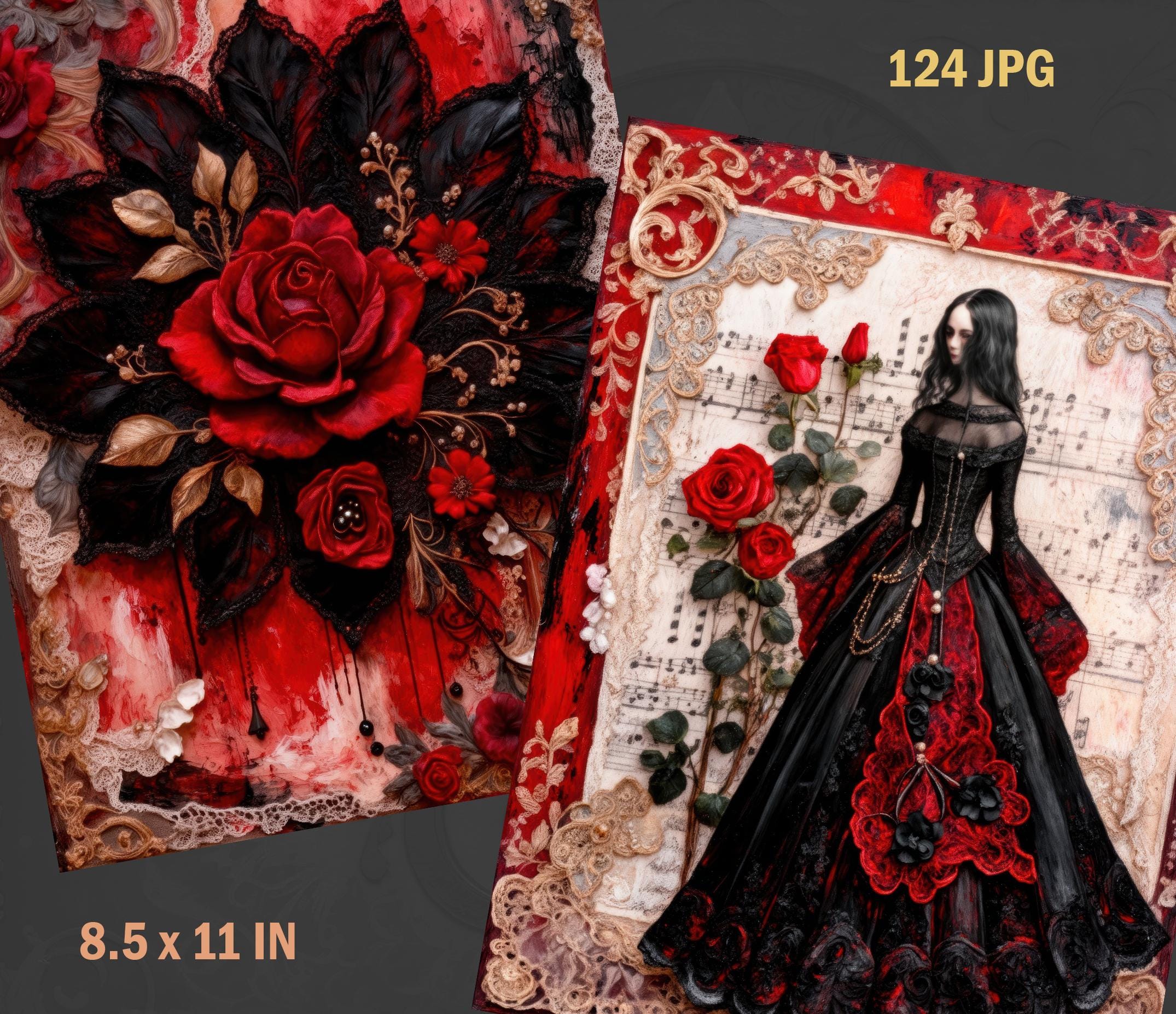 Gothic Lace Junk Journal Kit Red Black | Dark Romantic Ephemera ...