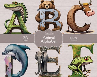 Cute Animal Alphabet ClipArt Bundle Transparent PNG, Bundle ClipArt, Printable Animal Art, Nursery Clipart, Free Commercial Use