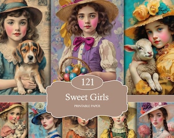 Vintage Easter Journal Pages Printable, Victorian Girls with Bunnies and Dogs, Shabby Chic Junk Journal Ephemera Kit (Digital Download)