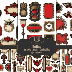 Op de afbeelding: Een verzameling van 150 Gothic shabby labels en curiosa in rood en zwart. De afbeelding toont diverse sierlijke frames, flessen, zandlopers en vleermuis illustraties. De tekst op de afbeelding luidt "Gothic Shabby Labels + Curiosities Red & Black".