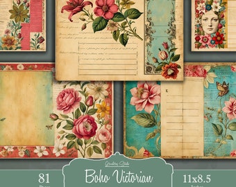 Printable Papers, Junk Journal, Flowers, Victorian Background, Colorful, Postcard style, Grunge, Scrapbook, Collage, Digital Download