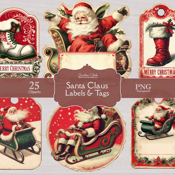 Christmas Tags, Cliparts, PNG Transparent, Vintage Santa Claus Tag, Christmas Junk Journal Tag, Holiday Tags, Christmas Gift Tag, Printable