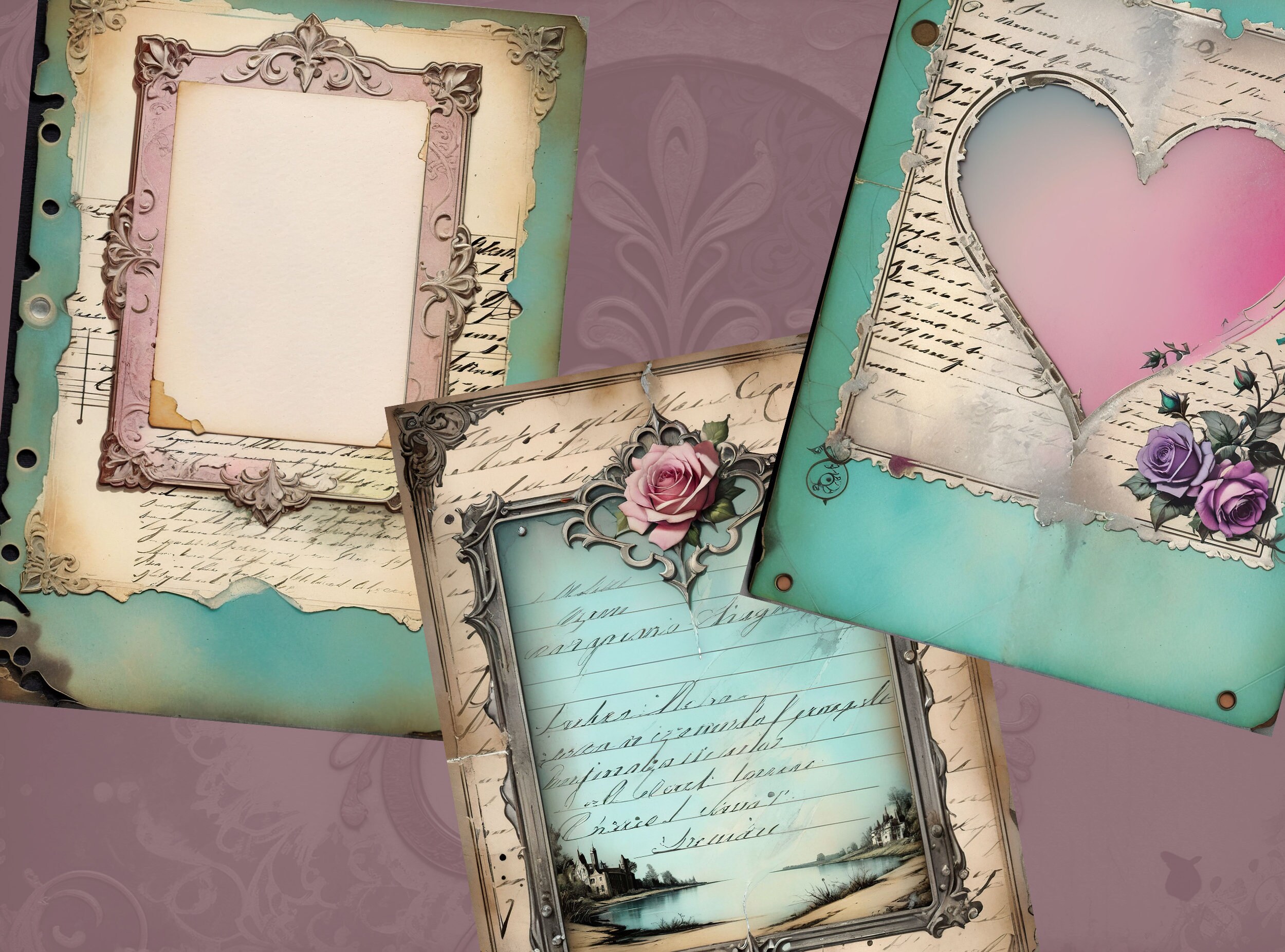 Romantic Paper Notes Romantic Journal Papers, Valentine Stationery, Grunge Vintage Romantic ...