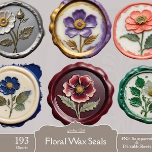 Sellos de cera florales, adornos imprimibles para diario basura, hojas de collage de flores, diseños botánicos elegantes, sellos de cera falsos, álbum de recortes digital