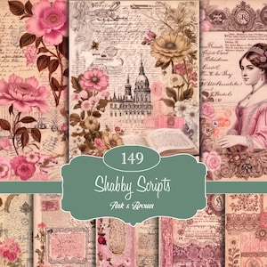 Vintage Script Junk Journal Backgrounds, Shabby Chic Floral Printable Pages, Pink Brown Ephemera Kit, Victorian scripts (Digital Download)