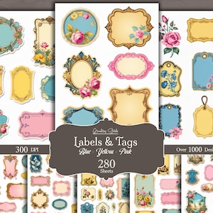 Pages éphémères shabby chic avec étiquettes, étiquettes et autocollants floraux roses, bleus et jaunes. Junk Journal, Bullet Journal, Artisanat de scrapbooking