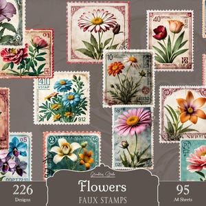 Sellos de flores para imprimir, sellos falsos, recortes, hojas de calcomanías, suministros para revistas basura, elementos de collage, sellos digitales, manualidades con álbumes de recortes