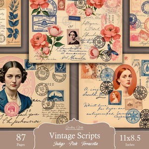 Shabby chic printable ephemera for junk journals, Handwritten style, postcards and collages. Vintage French-inspired DIY paper craft designs