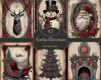 Puede incluir: Una colección de papeles imprimibles góticos de Navidad. Las imágenes incluyen un reno, un muñeco de nieve, Papá Noel, un trineo, un árbol de Navidad y una chimenea. El texto de la imagen dice "43 Gothic Christmas Printable Paper". La paleta de colores es roja, negra y crema.