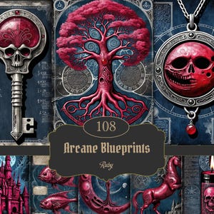 May include: A collection of fantasy art prints featuring a ruby red color scheme. The images include a skull-shaped key, a tree with red leaves, a pendant with a skull, and other mystical elements. The text "108 Arcane Blueprints Ruby" is displayed.