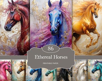 Può includere: Una collezione digitale di 86 carte stampabili Ethereal Horses con vari cavalli in tonalità rosso, blu, oro, rosa e bianco, accentuati da motivi a foglia d'oro vorticosi e criniere fluenti su sfondi astratti e pittorici.