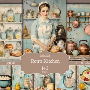 Pagine di cucina retrò, carta per diario e album di ritagli, immagini di cibo, cucina, cucinare, cuocere al forno, ingredienti, illustrazione di libri di cucina, stampabile