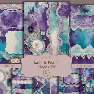 Kit de diário de renda roxa e azul-petróleo, pérolas, páginas de aquarela, itens florais, papel para scrapbook, diários para impressão, downloads digitais
