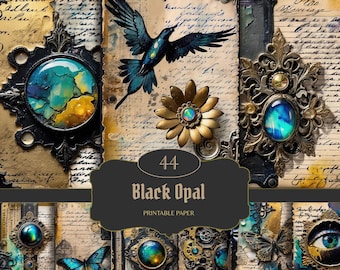 May include: A collage of vintage-style printable papers with ornate frames, a blue bird, and a gold flower. The text "44 Black Opal Printable Paper" is displayed on a black oval. The papers have a distressed, aged appearance with handwritten script.