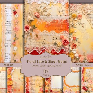 Gelbe Spitze Scrapbook Seiten, Digitales Papier, Shabby Chic Journal Kit, bedruckbare Ephemera, Textur, Hintergründe, Junk Journal Zubehör