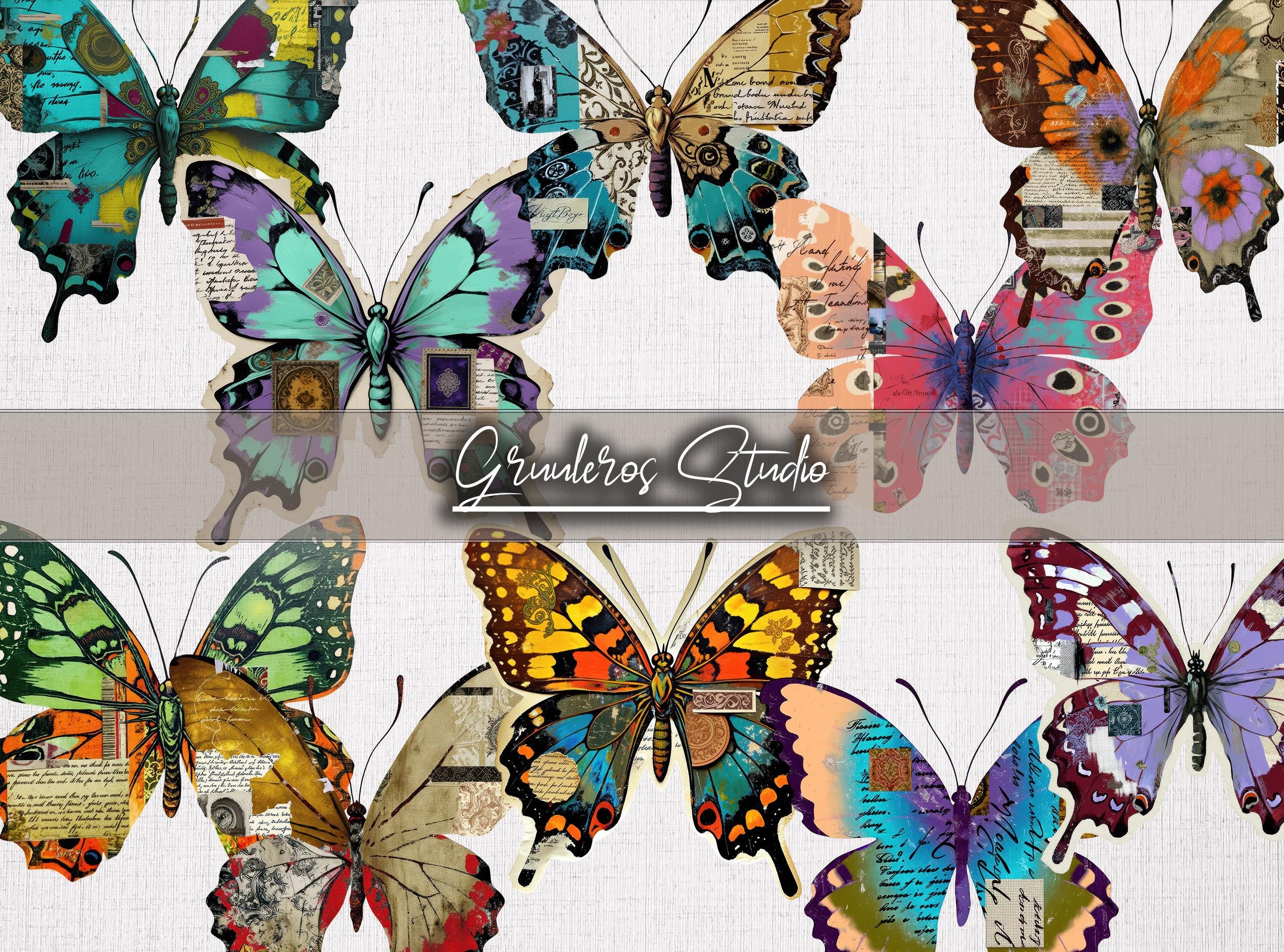 Mixed Media Butterflies PNG & Sheets Bundle, Butterfly Scrapbook ...