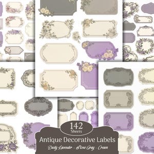 Antique Decorative Labels Junk Journal | Lavender Gray Cream Vintage Frames | Blank Labels Printable Ephemera Tags | Shabby Chic Label Pack