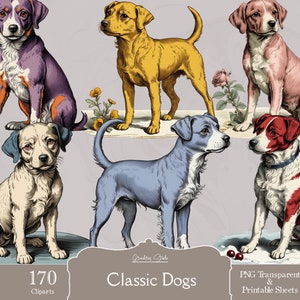 Hund Cliparts, klassische Hunde, 170 PNG, farbige elegante Hunde, Retro Pfoten, Hund Sublimationsentwürfe, niedlicher Hund Clipart PNG, Welpe Clipart, Hund Png