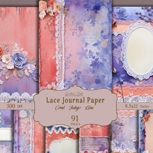 Papeles digitales imprimibles Coral Lace, índigo, lila, papel para álbumes de recortes, descarga instantánea, uso comercial,