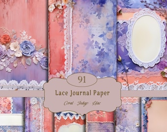 Coral Lace druckbare digitale Papiere, Indigo, Flieder, Scrapbook Papier, sofort download, kommerzielle Nutzung,