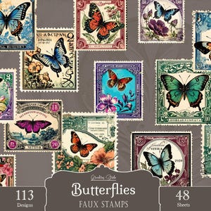 Gefälschte Briefmarken, Digitale Schmetterling Briefmarken, Junk Journal, Ephemera, bedruckbar, künstliche Briefmarken, Aufkleber, Scrapbook, Verzierung, Digital, Herunterladen