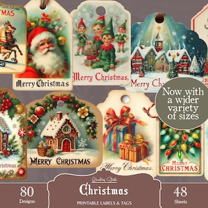 Étiquettes de Noël avec texte, étiquettes et étiquettes, Noël vintage, embellissement, pour cadeaux, téléchargement numérique imprimable, feuilles imprimables